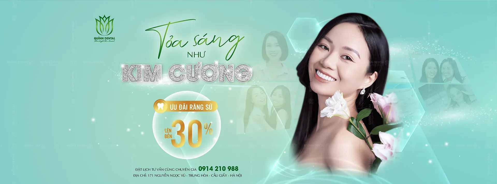 Banner ưu đãi bọc răng sứ thẩm mỹ tại Quinn Dental Cầu Giấy
